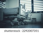 Hospital beds in hospital room. Medical care and healthcare concept. Medical accessories.