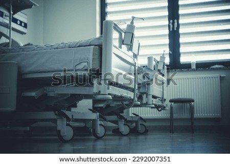 Hospital beds in hospital room. Medical care and healthcare concept. Medical accessories.
