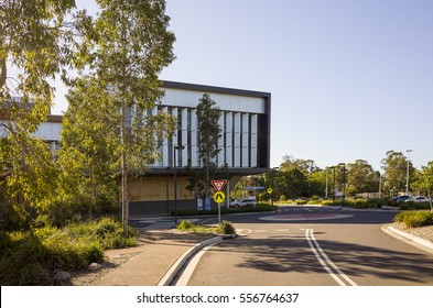 Hospital Buildings On A Sunny Day In Australia. Hospital Complex With Multiple Buildings And Walkway. Australian Hospital Grounds With A Eucalyptus Tree.