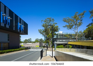 Hospital Buildings On A Sunny Day In Australia. Hospital Complex With Multiple Buildings And Walkway. Australian Hospital Grounds With A Eucalyptus Tree.