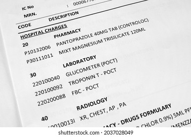 Hospital Charges For Medical Services Requiring Payment Itemized In A Bill Statement. Hospital Expenses For A Patient's Treatment Shown In An Itemized Billing. Hospital Bill Showing Healthcare Cost.