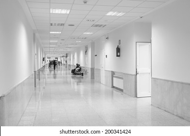 Hospital corridor in black and white. Horizontal format