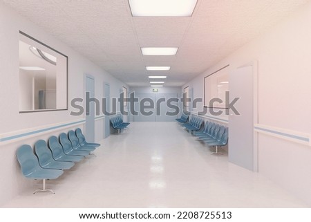 hospital corridor with waiting chairs on the sides and windows to the rooms . 3d rendering