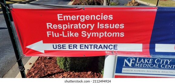 Hospital Entrance Signs For Lake City Medical Center In North Florida Showing Covid 19 Coronavirus Cautions And Procedures Separation In Hospital Entrance And Exit January 18 2022 Lake City Florida US