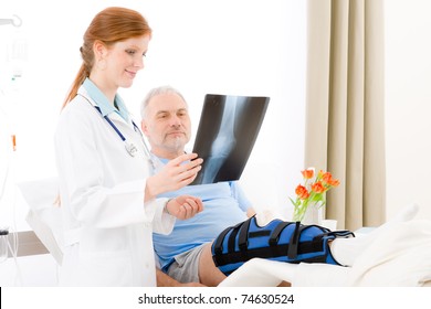 Hospital - Female Doctor Examine X-ray Senior Patient Broken Leg