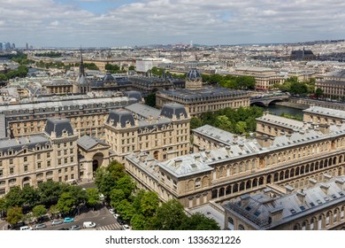 The Hospital God Hotel Ap-Hp, Greffe Du Tribunal De Commerce And Préfecture De Police From Top Roof Of Cathédrale Notre-Dame De Paris In Daylight. Paris, France, 12/06/2017