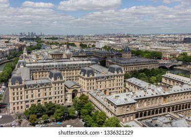 The Hospital God Hotel Ap-Hp, Greffe Du Tribunal De Commerce And Préfecture De Police From Top Roof Of Cathédrale Notre-Dame De Paris In Daylight. Paris, France, 12/06/2017