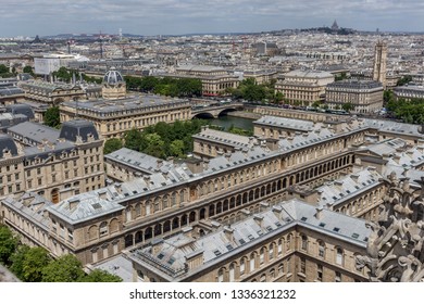 The Hospital God Hotel Ap-Hp, Greffe Du Tribunal De Commerce And Préfecture De Police From Top Roof Of Cathédrale Notre-Dame De Paris In Daylight. Paris, France, 12/06/2017