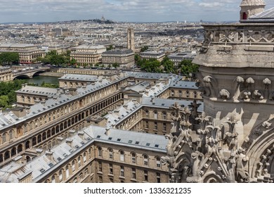 The Hospital God Hotel Ap-Hp, Greffe Du Tribunal De Commerce And Préfecture De Police From Top Roof Of Cathédrale Notre-Dame De Paris In Daylight. Paris, France, 12/06/2017