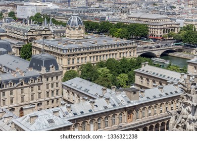 The Hospital God Hotel Ap-Hp, Greffe Du Tribunal De Commerce And Préfecture De Police From Top Roof Of Cathédrale Notre-Dame De Paris In Daylight. Paris, France, 12/06/2017