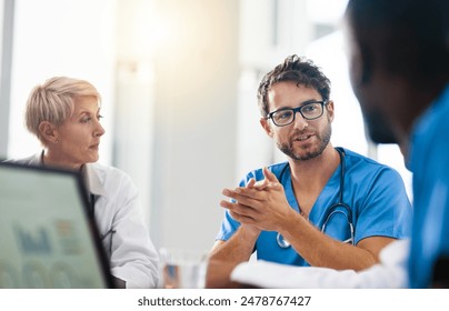 Hospital, group and doctors in meeting, healthcare and conversation for surgery schedule, teamwork and research. Review, medical and professional with communication, feedback and wellness in clinic - Powered by Shutterstock