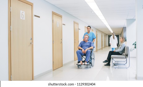 In The Hospital Hallway, Nurse Pushes Senior Man In The Wheelchair, Patients Wait For Their Doctor, Busy Professional Personnel Walking By. Clean, New Hospital With Professional Medical Staff.