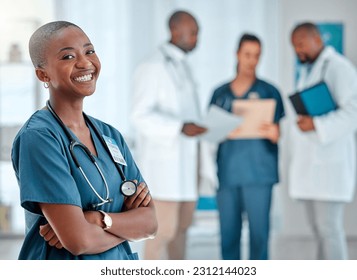 Hospital, happy doctor and portrait of black woman for medical care, insurance and wellness. Healthcare, clinic nurse or face of female health worker with crossed arms for service, consulting or help - Powered by Shutterstock