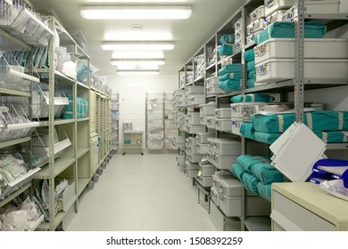 Hospital indoor storage room. Health center repository. Pharmaceutical