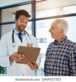 Hospital, insurance or medical with doctor and old man in office for consulting appointment. Clipboard, healthcare or smile with senior patient and medicine professional in clinic for medicare - Powered by Shutterstock