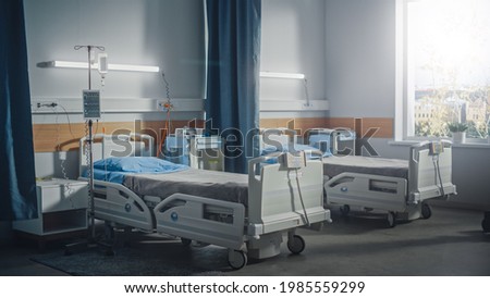 Hospital Intensive Care Coronavirus Department Ward with Empty Beds. Modern Clinic with Advanced Equipment, Best Medical Healthy Treatment Center, Bright Sunny Window View.