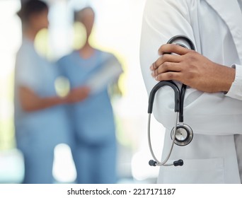 Hospital, Medical And Hands Of Doctor With Stethoscope For Professional Cardiology Exam Closeup. Healthcare, Cardiologist And Diagnostic Equipment For Heart Expert Treatment In Workspace.