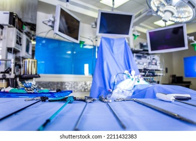 Hospital Medical Operating Theatre Room With ICU Equipment And Technology Supporting Laparoscopy Keyhole Patient Surgery For Professional Healthcare