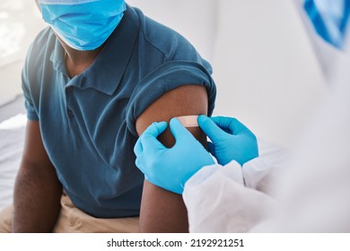 Hospital Nurse, Covid Vaccine Flu Shot And Patient With Mask, Bandage Plaster Arm, Medical Doctor Or Healthcare Professional Worker. Coronavirus Epidemic And Disease Control By Medical Expert.