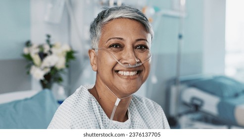 Hospital, patient and face of woman in bed with ventilation tube for oxygen, medical service and care. Healthcare, happy and portrait of mature person smile for surgery recovery, wellness and healing - Powered by Shutterstock