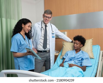 At Hospital Patient Lay On Bed Doctor And Nurse Explain About Sickness Good Improvement Report
