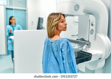 In the hospital, the patient undergoes a screening procedure for a mammogram, which is performed by a mammogram. A modern technologically advanced clinic with professional doctors.
