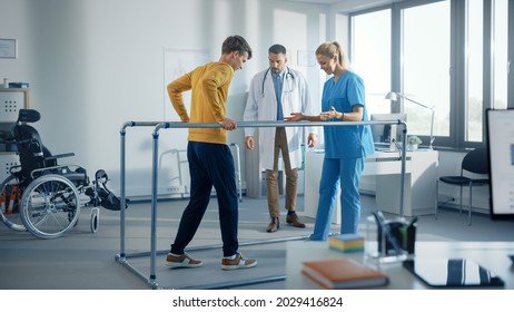 Hospital Physical Therapy: Strong Patient with Injury Making First Steps, Walks Holding for Parallel Bars. Physiotherapist, Rehabilitation Doctor Assist, Help Disabled Person. - Powered by Shutterstock