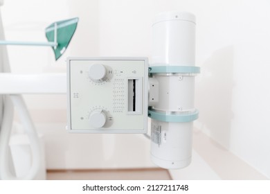 Hospital Radiology Room. X-ray Department In Modern Hospital. Medical Equipment. Scan Machine For Fluorography. Technician Adjusting An Xray Machine. Scanning Chest, Heart, Lungs In Modern Clinic