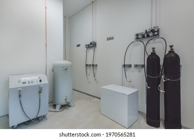 Hospital Room With Oxygen Equipment. Oxygen Generator And Oxygen Cylinders With Compressed Gas