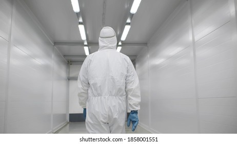 Hospital staff in protective overalls walking in white corridor. Back view of scientist in hazmat suit walking in lab hallway. Specialists disinfecting building or clinic - Shutterstock ID 1858001551