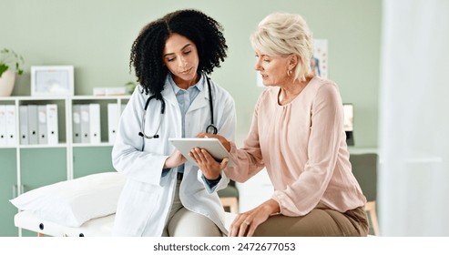 Hospital, tablet and doctor with mature patient for medical service, consulting and help in clinic. Healthcare, telehealth and woman and senior person on technology for diagnosis results or insurance - Powered by Shutterstock