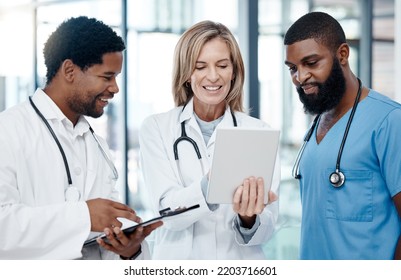 Hospital Teamwork, Digital Tablet And Healthcare Planning, Research Collaboration And Clinic Medicine Support. Diversity Doctors, Wellness Nurse And Happy Surgeon Connect To Online Apps For Analysis