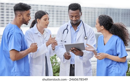 Hospital, teamwork and doctor with group on tablet for advice, support and collaboration. Clinic, healthcare and people outdoor to chat about results, info or planning ideas for surgery with tech - Powered by Shutterstock