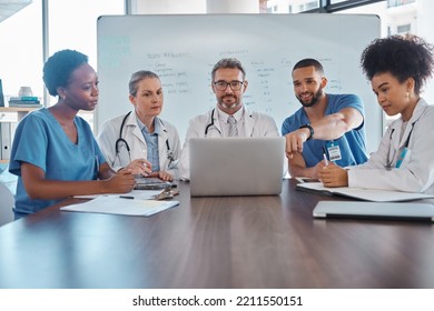 Hospital Teamwork, Laptop And Healthcare Planning, Medical Analytics And Wellness Collaboration Of Doctors, Nurse And Surgeon In Meeting. Diversity, Training Or Clinic Workers Consulting Online Tech