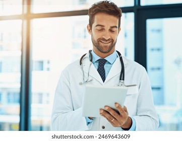 Hospital, telehealth and man doctor with tablet for patient diagnosis, review charts or consultation. Online, wellness and physician with tech for healthcare, medical analysis or schedule surgery - Powered by Shutterstock