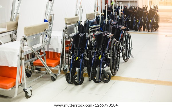 hospital trolley, wheelchair in hospital for\
examination couch