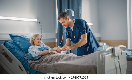 Hospital Ward: Friendly Head Nurse Connects Finger Heart Rate Monitor or Pulse Oximeter to Beautiful Female Patient Resting in Bed. Nurse Does Patient Checkup After Successful Surgery. Modern Clinic - Shutterstock ID 1940771365