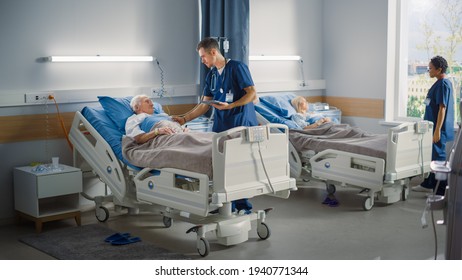 Hospital Ward: Friendly Male Nurse Talks Reassuringly to Elderly Patient Resting in Bed. Doctor or Physician Uses Tablet Computer, Does Checkup, Old Man Fully Recovering after Successful Surgery - Powered by Shutterstock