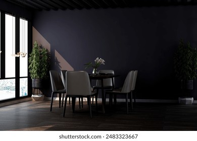 Host memorable dinners in this elegant dining room with ample space. A large dining table, sophisticated decor, and abundant natural light create a refined setting for entertaining guests - Powered by Shutterstock