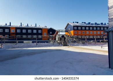 Hostel Building. Sandwich Panels Painted In Blue And Orange. Port Sabetta, Yamal, Russia