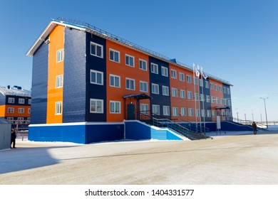 Hostel Building. Sandwich Panels Painted In Blue And Orange. Port Sabetta, Yamal, Russia