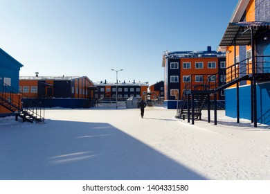 Hostel Building. Sandwich Panels Painted In Blue And Orange. Port Sabetta, Yamal, Russia