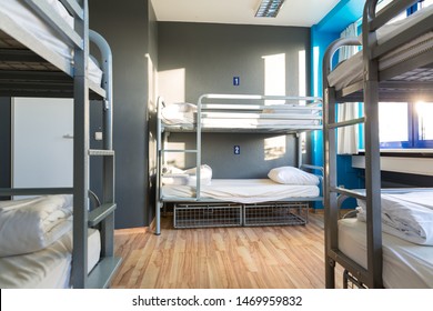 Hostel Interior, Metal Bunk Beds And Linen, Nobody