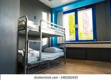 Hostel Interior, Metal Bunk Beds And Linen, Nobody