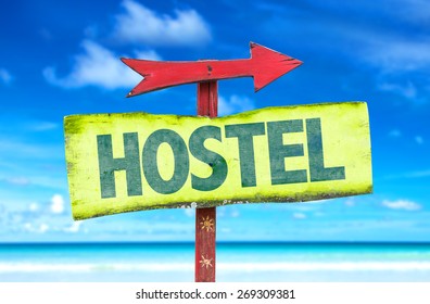 Hostel Sign With Beach Background