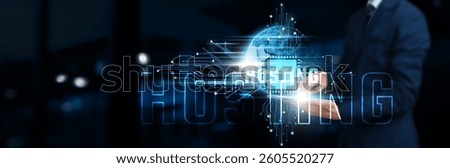 Hosting: Businessman Using Tablet on Network Structure, Cloud Technology, and Digital Infrastructure on Global Business Network. Technology Concept