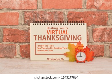 Hosting Family Virtual Thanksgiving Sign With Clock And Autumn Leaves