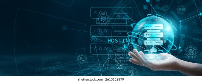 Hosting. Hand holding hosting platform globe with network connecting data. Hosting is an integral part of digital technology, facilitating web services and data management across the internet.