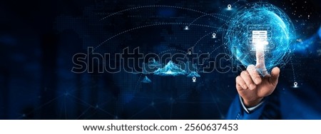 Hosting: Hand touching global network connection and data exchanges, technology structure. Innovation networking on dark background, server management, scalability, reliability.