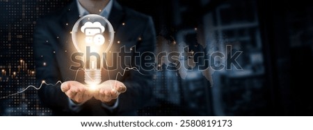 Hosting Services: Innovation, Connectivity, Data Management Concept. Hands of Businessman Holding Light Bulb and Hosting Services Icon with Data Network Digital Technology. Empowering Businesses